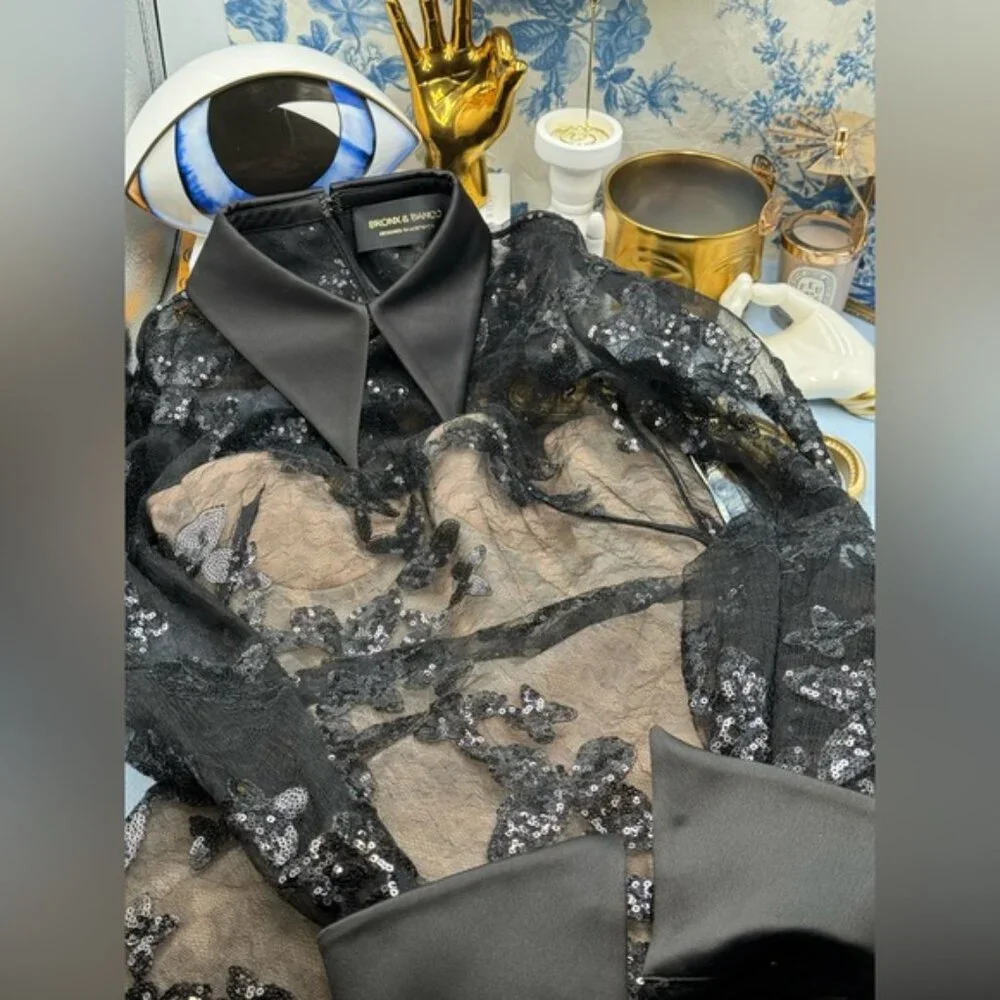 🆕 BRONX & BANCO 🧿 NWOT Maraya Jasmine Black Sequin Lace Mini Dress, Sz XS US 2 - Picture 13 of 15